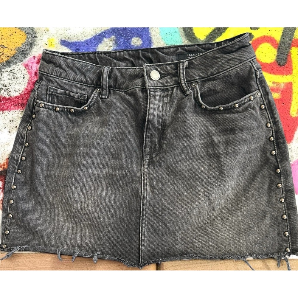 Allsaints Betty Denim Mini Skirt Distressed Frayed‎ Women's Size 6 Studded Goth